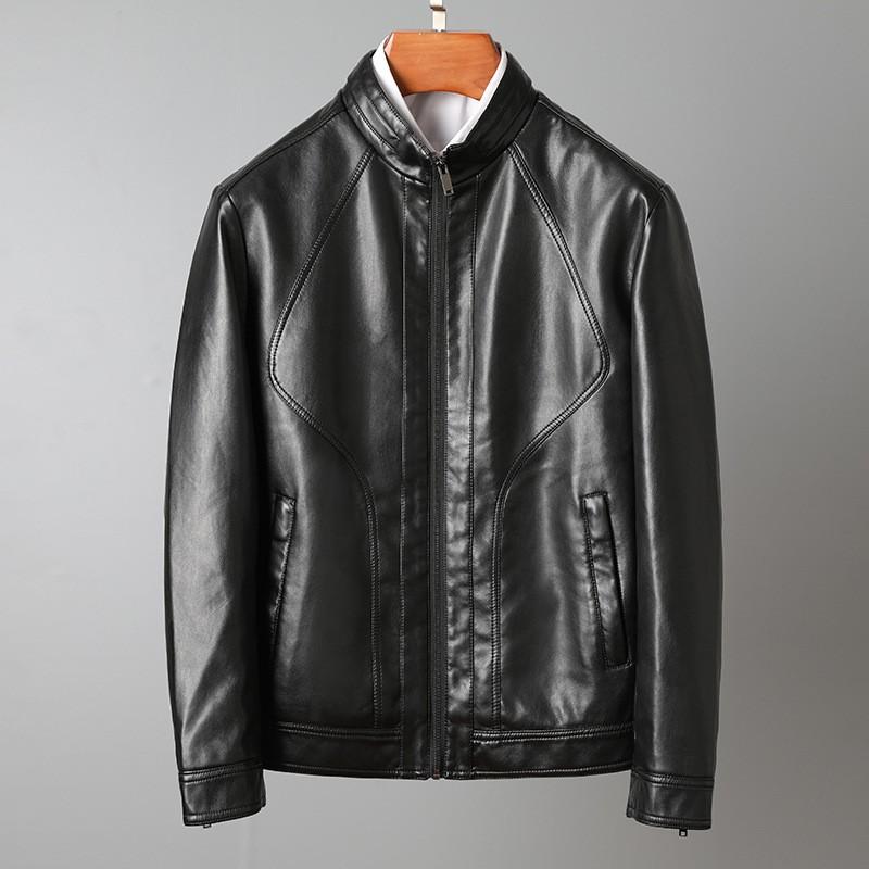 Mens PU Leather Jacket Stand Collar Slim Fit Casual Coat Teens Trendy Streetwear