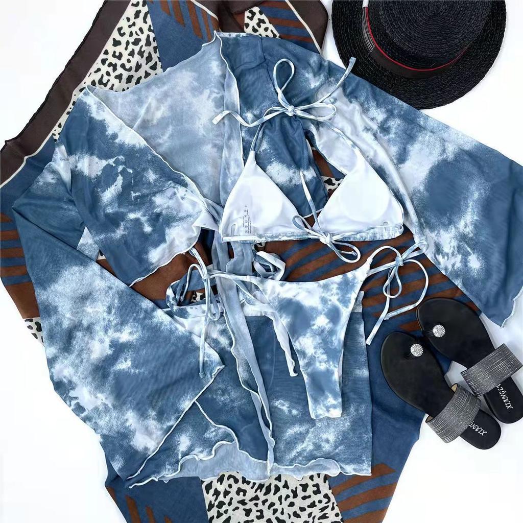 Women's Sexy Bikini Set 4 Pieces Swimwear Set Padded Halter Backless Top Tie Side Thong Beach Cover-ups Swimsuit Gradient Color Bathing Suit