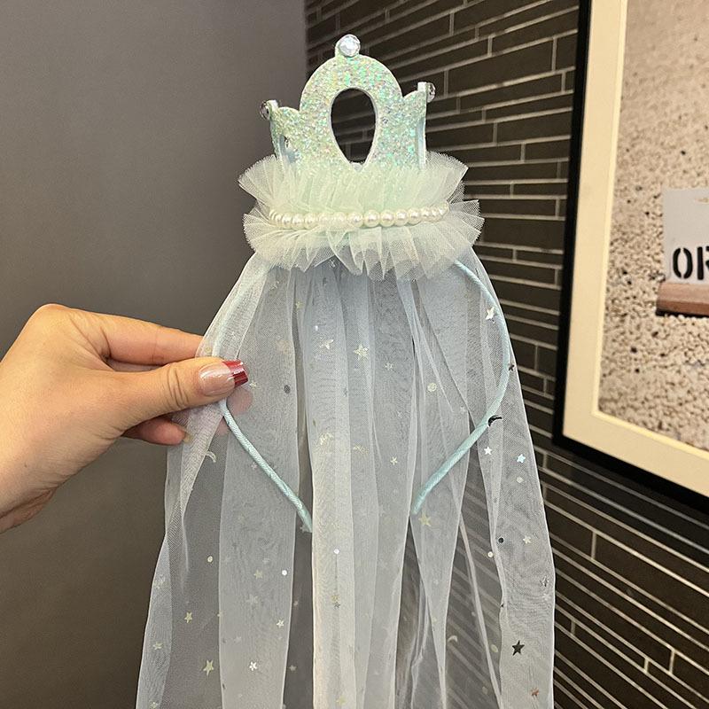 Voal cu Fundă din Dantelă Vintage, Diademă cu Strasuri, Bentiță pentru Fete