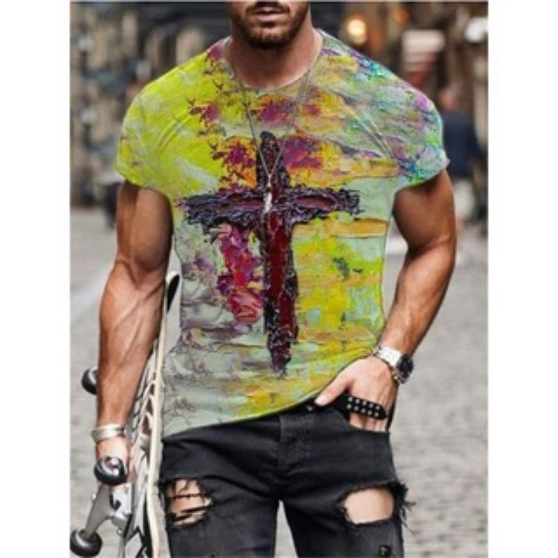 Men's T-shirt with Cross Print Round Neck Short Sleeved Street Fashion T-shirt