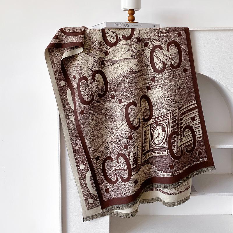 women's double-sided imitation cashmere thermal scarf retro ethnic style niche versatile scarf