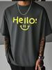 Unisex Beige Crew Neck Short Sleeve Tee Hello Smile Yellow Letter Print Loose Casual Daily Male Street Summer Fashion Tops