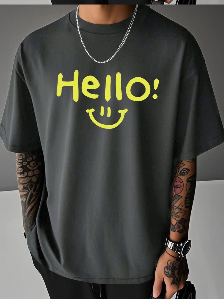 Unisex Beige Crew Neck Short Sleeve Tee Hello Smile Yellow Letter Print Loose Casual Daily Male Street Summer Fashion Tops