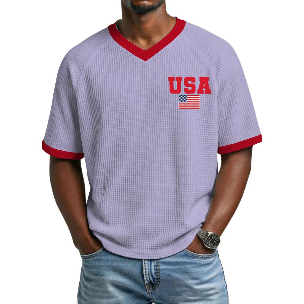 Men's Casual Fashionable Letter- Colorful Print Short-sleeved Shirt - Men's Breathable V-neck Short-sleeved Top