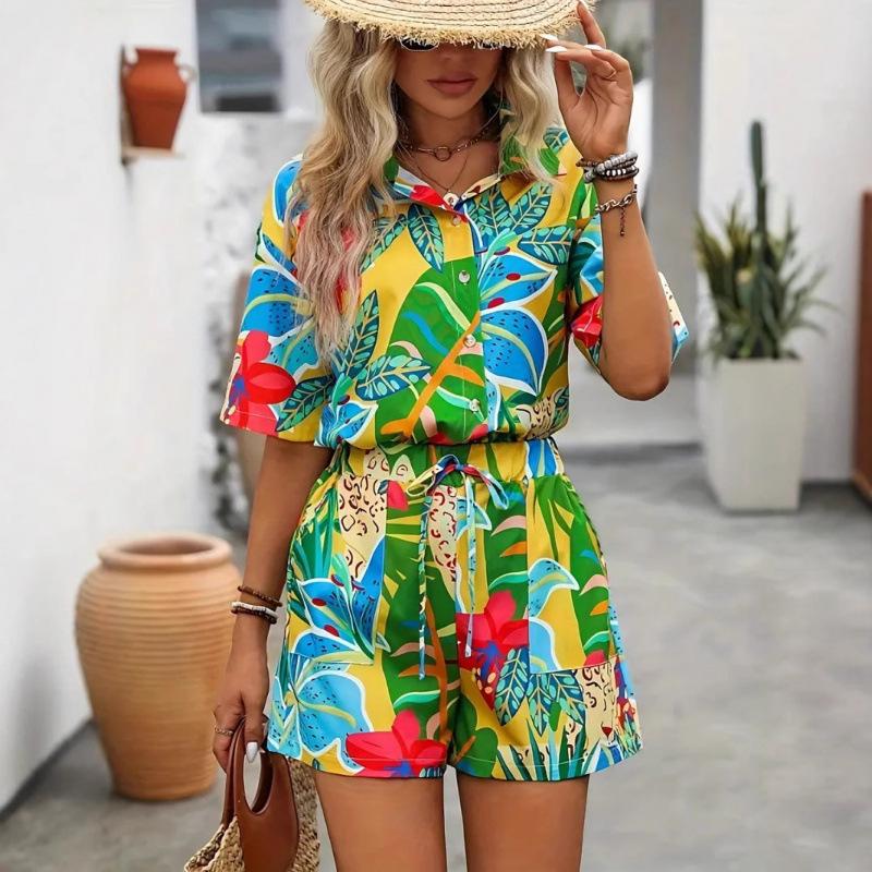 European and American new European women's Hawaiian style short-sleeved shirt and shorts set