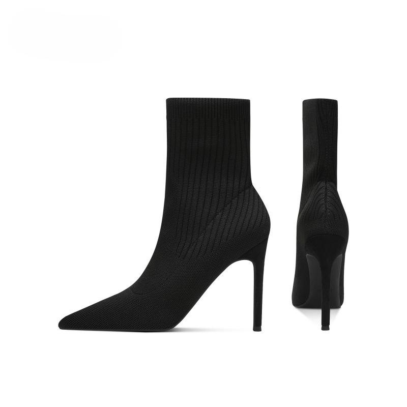Socks Boots Knitted Short Boots Women's Boots Autumn and Winter Thin Heel Elastic Boots Black High Heels Socks Boots Show Legs Long Thin Boots