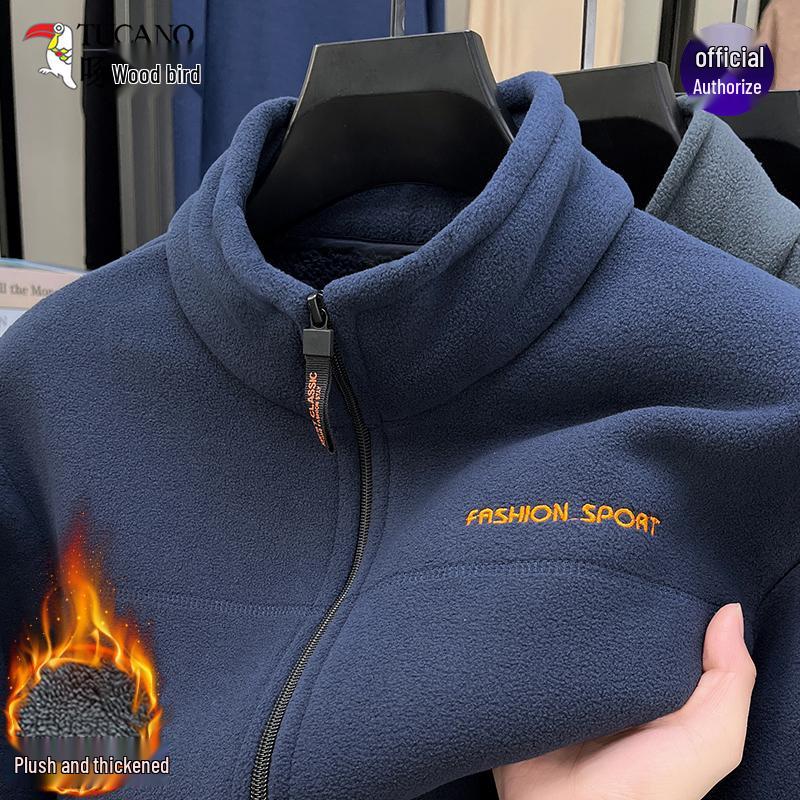 Woodpecker Men's Winter Polar Fleece Stand Collar Hoodie Double-Sided Berber Fleece Shell Jacket