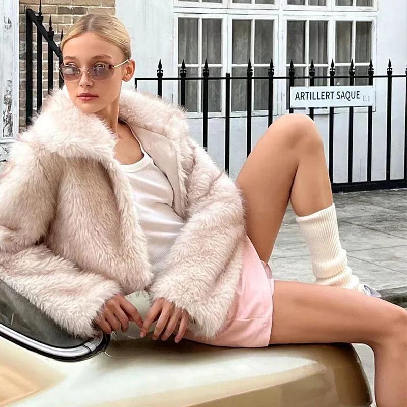 Luxury Fluffy Faux Fur Coat Women Cropped Turn Down Collar Jacket Fashion Thick War Outerwear 2024 Lady New Streetwear Overcoats