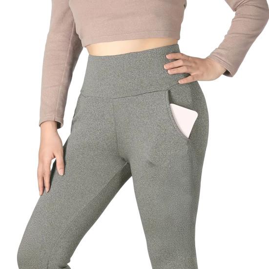 Women Leggings with Pockets Solid Color High Waist Plush Lining Thickened Warm Pants Tight Fit Cold Weather Leggings