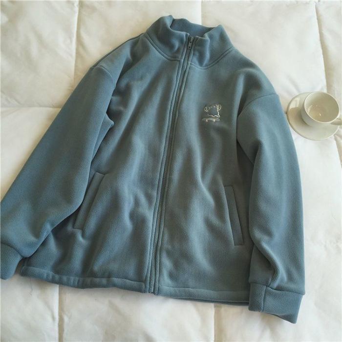 

Huge warm small stove thickened Ollie velvet embroidered turtleneck zipper sweater cardigan women s thermal velvet shirt fleece jacket 2XL джинсовий синього кольору