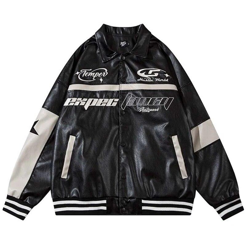 

Retro Patchwork Embroidered PU Leather Men s Jacket Letter Printing Casual Fashion Coat Couples Street Hip-hop Motorcycle Wear