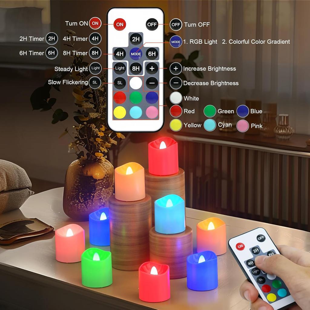PChero Flameless Candles with Remote Timer & Charging Station, 12 Pack USB Rechargeable RGB LED Tea Lights Colored Color Changing Battery Votive