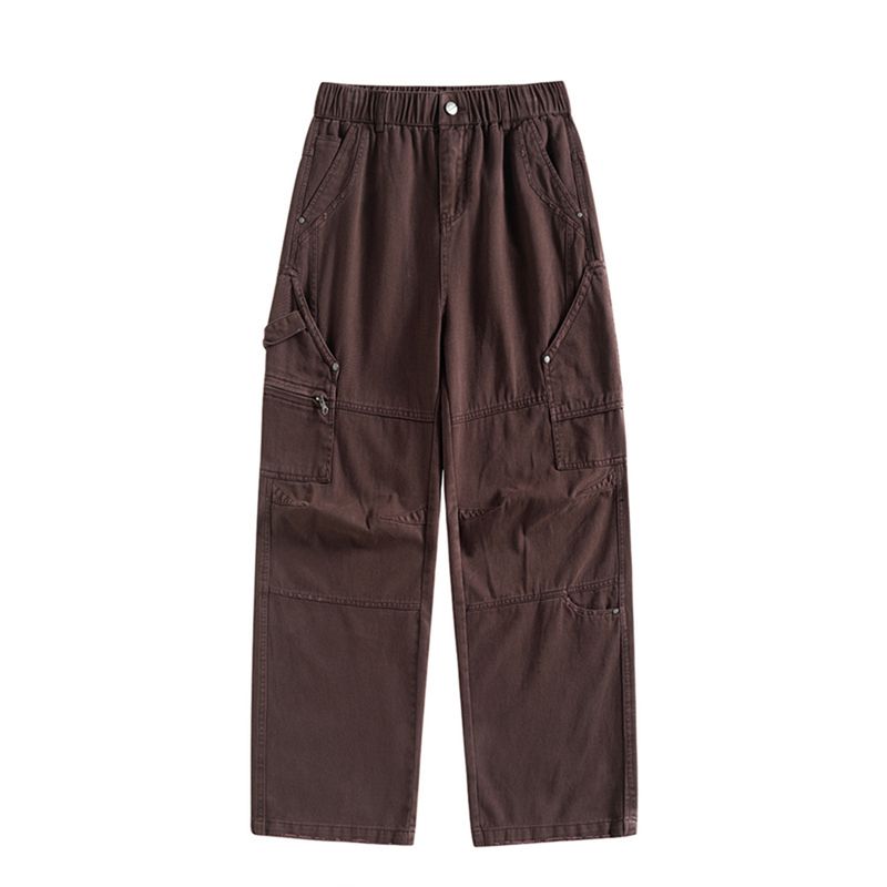 Original Export American Retro Heavy-Duty Work Pants for Men, Loose Wide-Leg Washed Multi-Pocket Elastic Waist Casual Pants