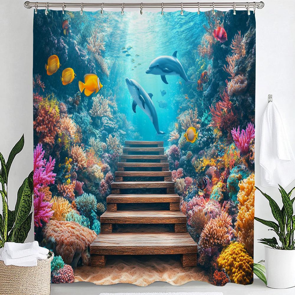 Underwater World Printed Shower Curtain With Hooks, Dolphin Sea Turtle Fish Coral Underwater Cave Ocean Bathroom Decor Curtain