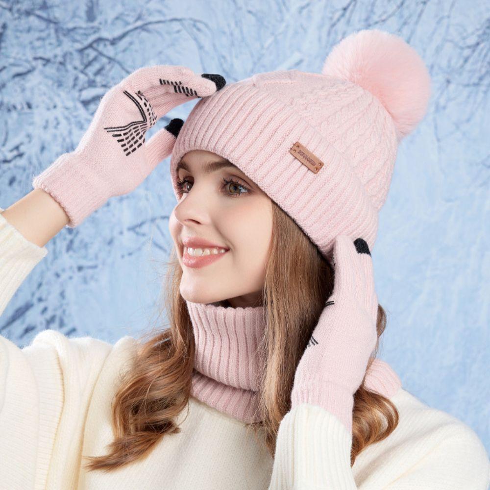 3pcs Solid Color Hat Scarf Gloves Set Warm Winter Beanie Hat Simple Thermal Knit Cap  Outdoor