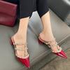 Spring and summer new rivets patent leather thick heel pointed head middle heel bag head lazy versatile half drag wear sandals women's shoes