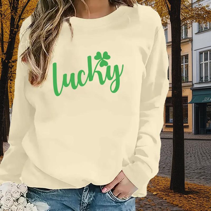 

Autumn&Spring Clothing Green Lucky Grass Print Sweater Tops for Women Round Neck Long Sleeve