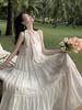 Striped Chiffon Halter Neck Summer Dress with Lace Stitching and Large Swing Skirt