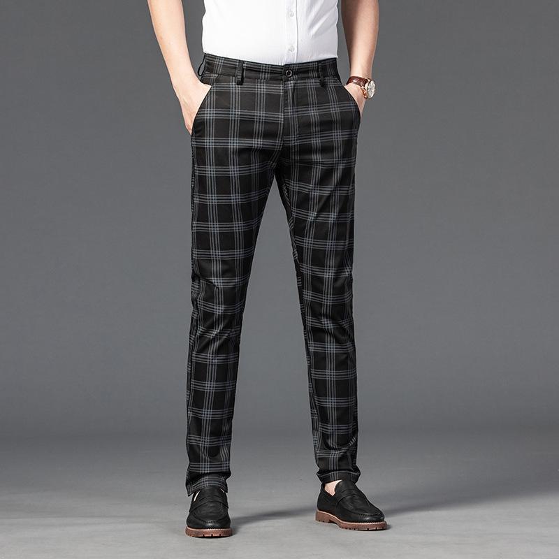 Spring/Summer Pants Men'S Casual Pants Men'S Checkered Elastic Slim Fit Versatile Business Straight Leg Pants