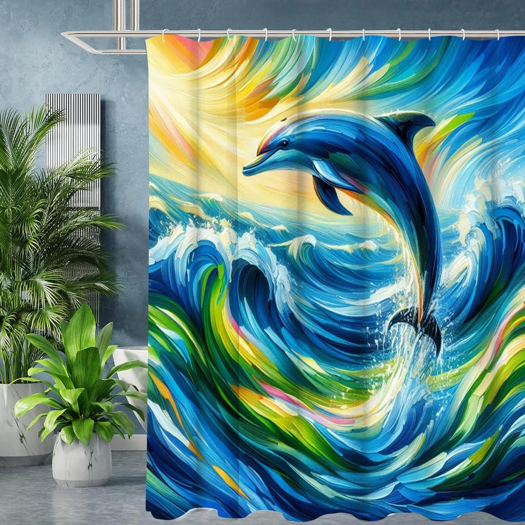 Dolphin Bathing Curtain  Bathroom Shower Curtain Waterproof With 12 Hooks Home Deco
