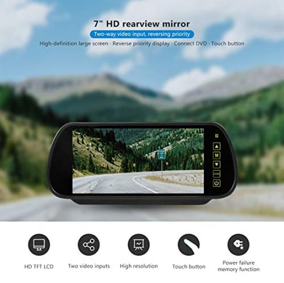 AIEK Rearview Mirror Monitor CCD Lens LED Backup Camera with 15m Coaxial Extension Auto Night Vision Switching Compatible with Heavy Passenger and