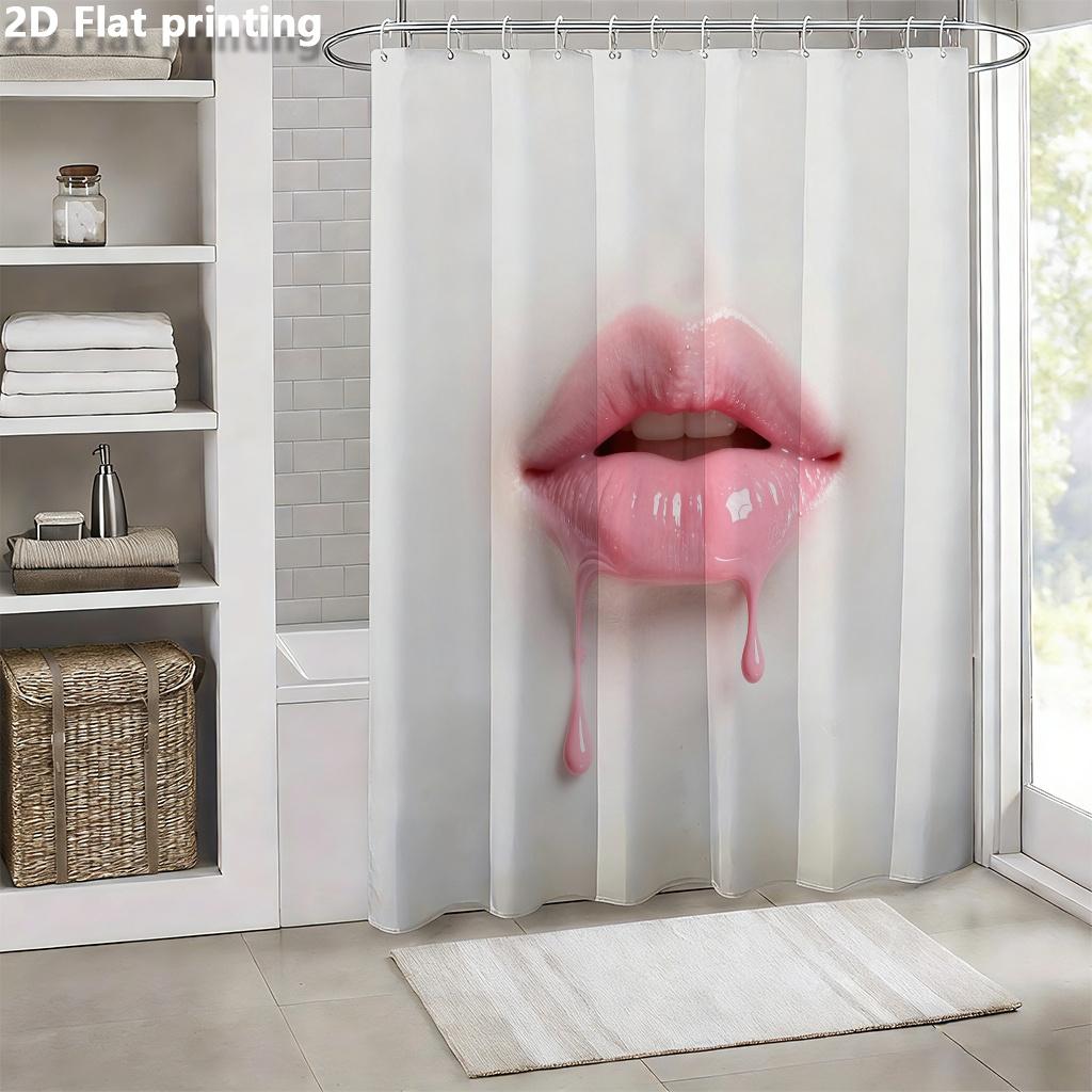 Cortina de Chuveiro Gloss Labial Rosa Pingando 1 Peça Com 12 Ilhós Poliéster Impressão Plana 2D 70,8X70,8 Polegadas Decoração de Banheiro Artística Ousada