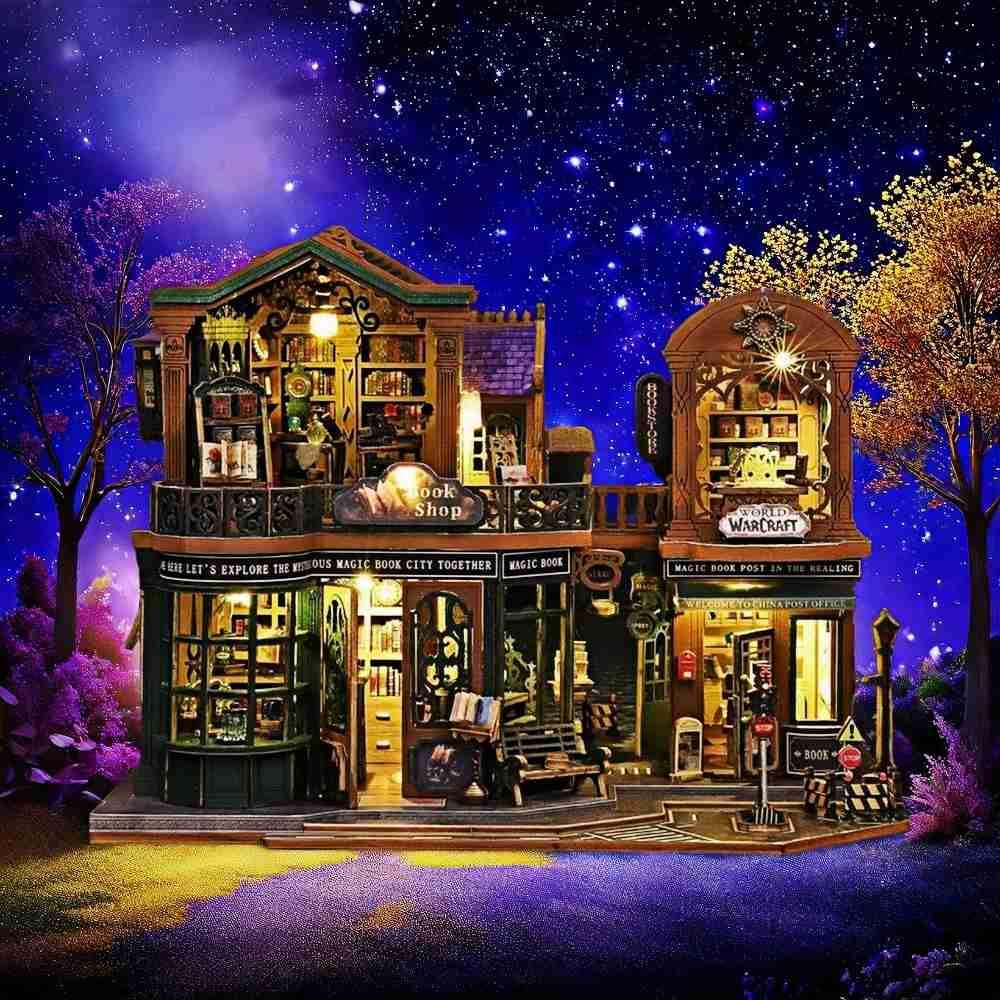FSEARRT Puppenhaus DIY Bausatz Miniatur Puppenhaus Wohnzimmer Entspannungsartikel Buchhandlung Set, Bausatz, Deko, Geschenk, (Dämmerung (Staubdichtes Gehäuse))