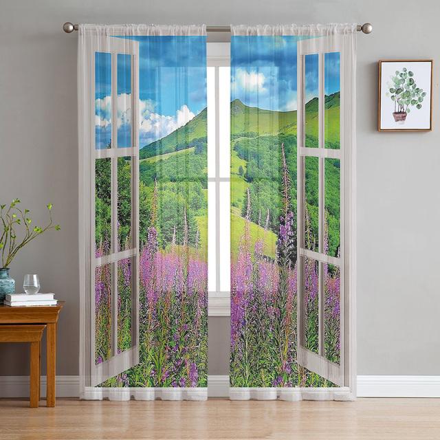 Window Views Cherry Blossoms River Sheer Curtains For Living Room Bedroom Kitchen Chiffon Tulle Curtains Home Hotel Coffee Decor