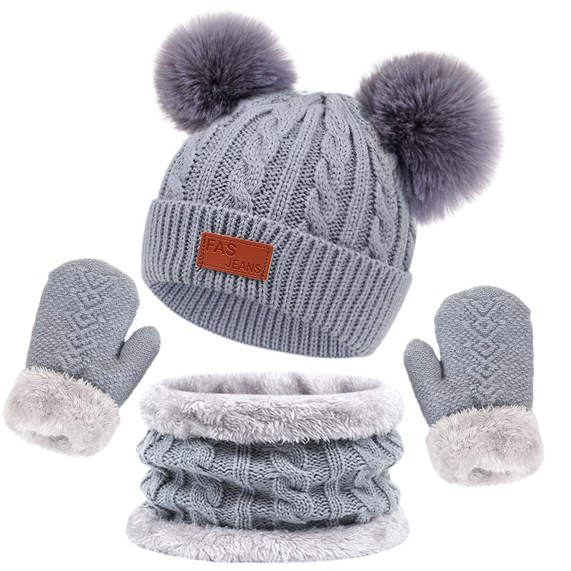 Kids Winter Hat Scarf Gloves Set Double Ball Fleece Lining Baby Hats for Boy Girl Solid Color Infant Knitting Beanie Cap 1-4Year