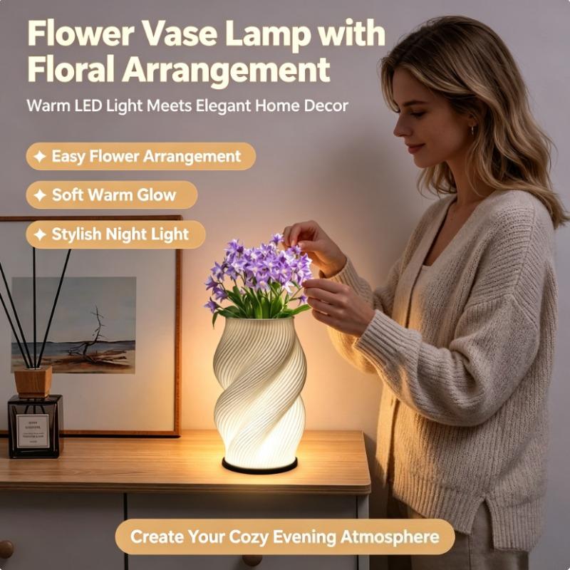 3D Printed Twisted Vase LED Lamp Nordic Minimalist Ambient Table Light Dual-Purpose Decor Lamp for Floral Arrangement, Ideal for Bedroom & Study Decor