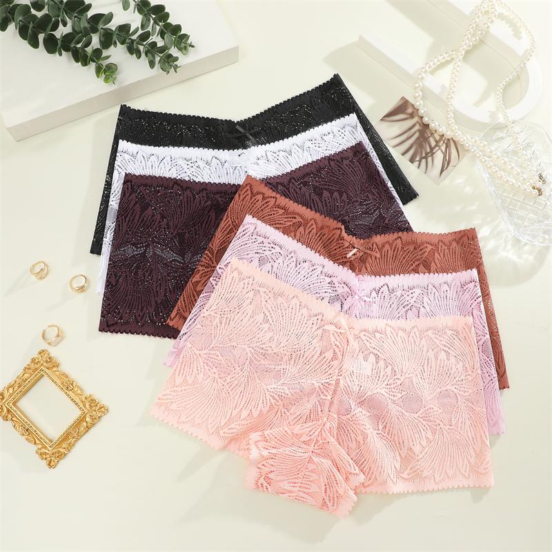 FINETOO 3 Stück Damen Spitze Floral Boyshort Sexy Hollow Out Unterwäsche Niedrige Taille Atmungsaktive Slips Mädchen Weiche Transparente Lingerie