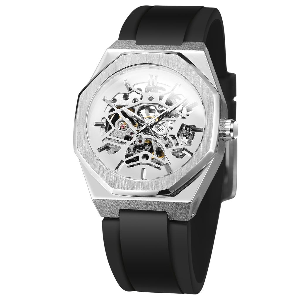 Luxury Brand Forsining Brand Octagon Stainless Steel Skeleton Mechanical Man Watch Automatic Movement Clockwork Silicone Strap