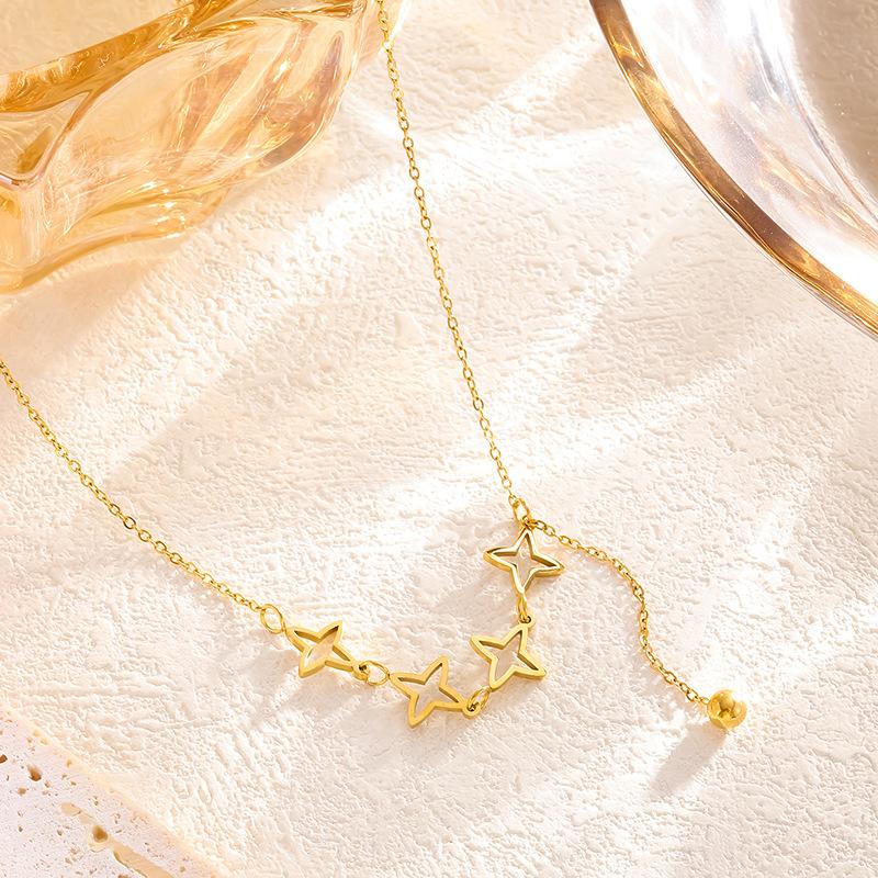 Hollow Out Star Linked Necklace for Women Tassel Collarbone Chain Titanium Steel 18K Gold Plated Tarnish Resistant Jewelry