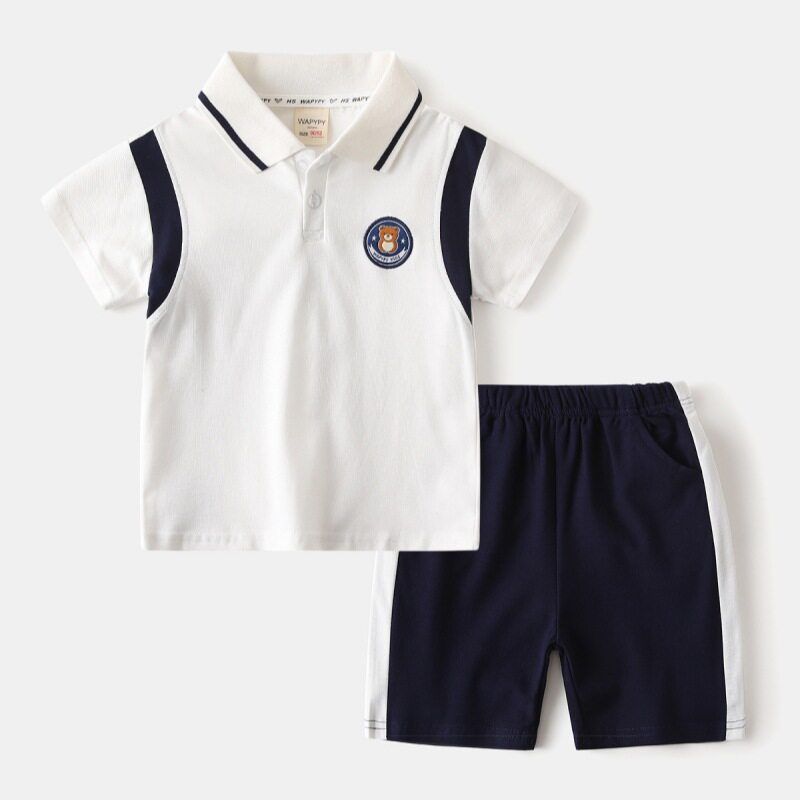 Children's Summer Clothing Boys' Short-Sleeved Suit Baby Lapel Polo Shirt Shorts Two-piece Set Children's Embroidery Bear Clothes