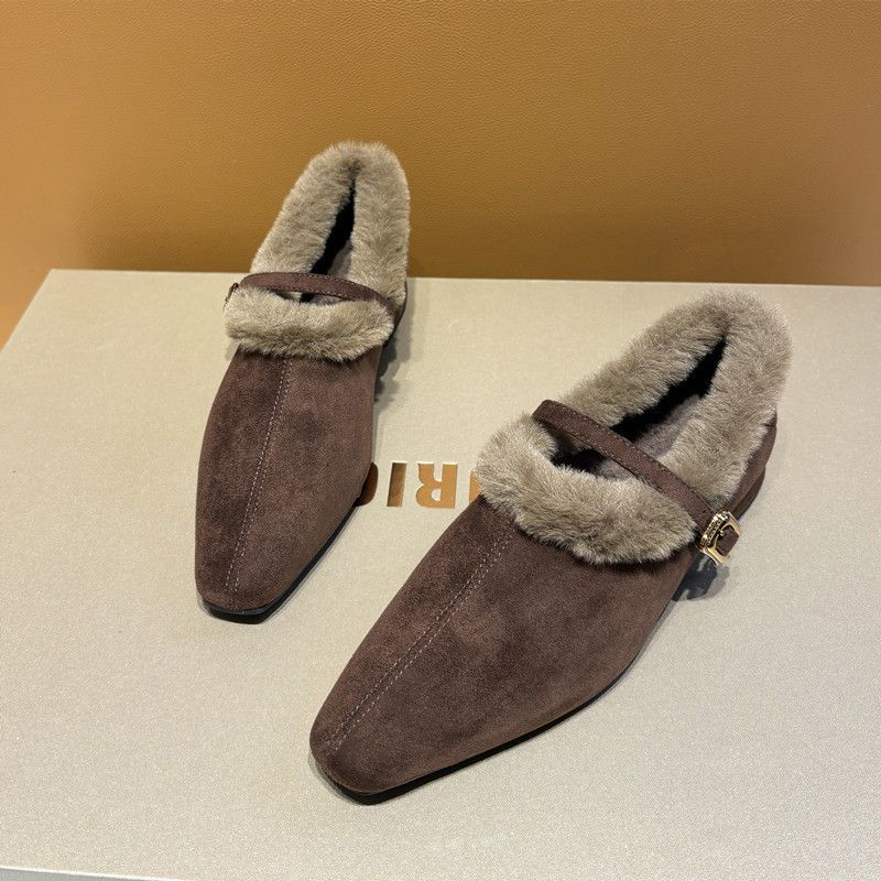 Elegant Mary Janes Woman Chic Brand Design Fur Low Heel Dress Shoe Ladies Winter Warm Plush Belt Pump Women Fur Shoes with Heels