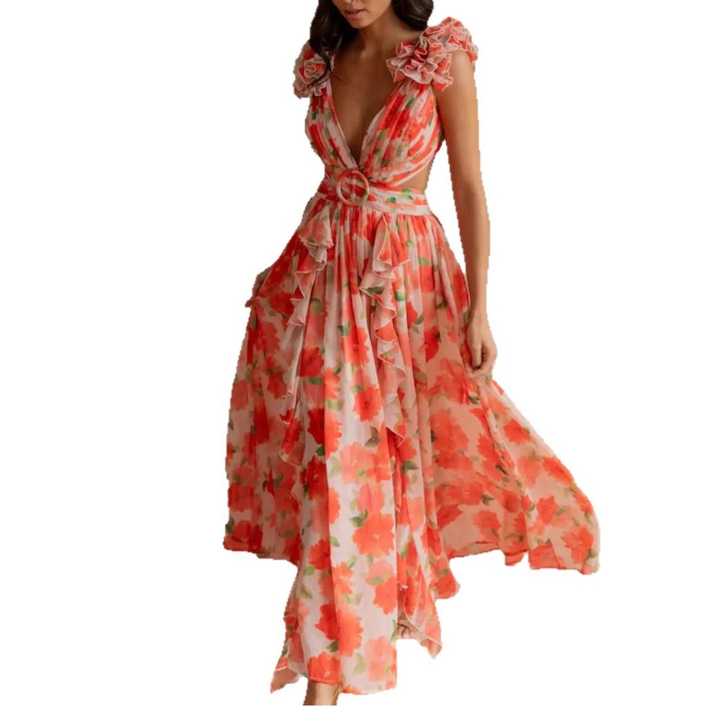 European & American Women's Floral Slimming V-Neck Ruffle Holiday Dress