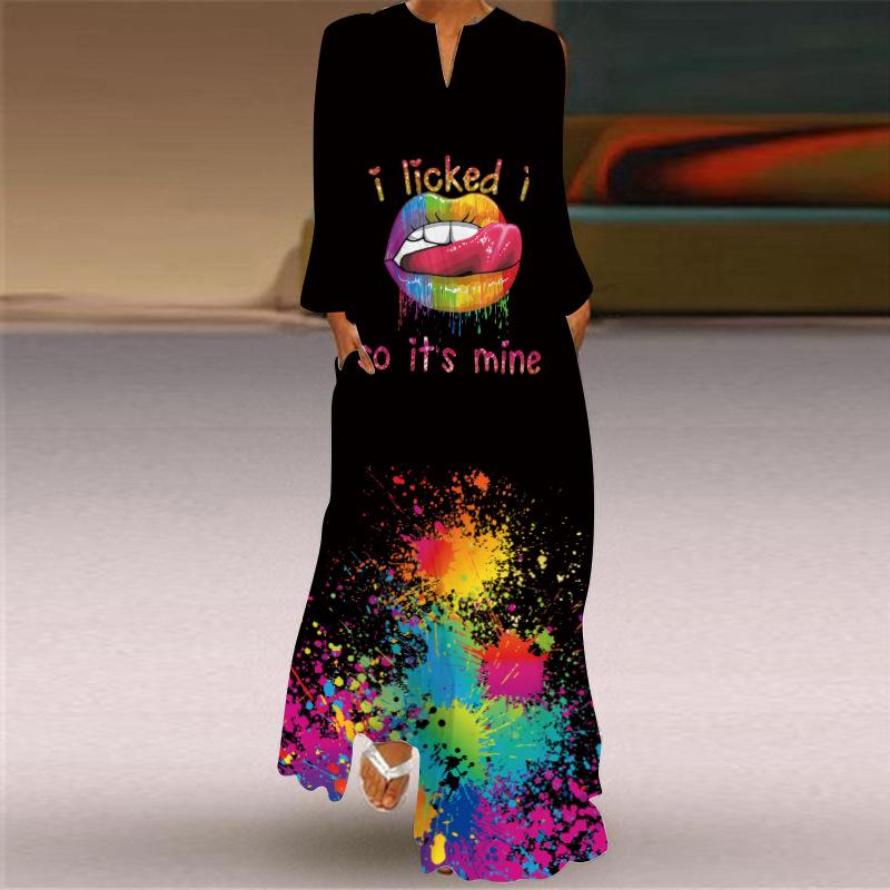 2024 Damen-Maxikleid mit Retro-Schmetterlingsdruck, V-Ausschnitt, langen Ärmeln und Tasche