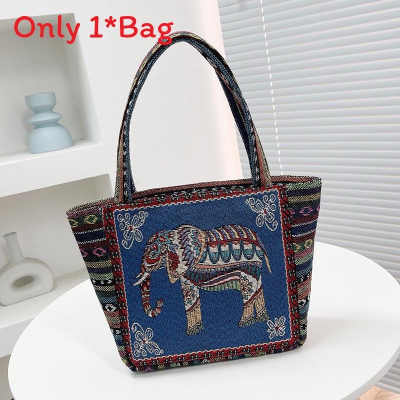Elephant Embroidered Canvas Handbag With Dual Handles For Casual Daily Use