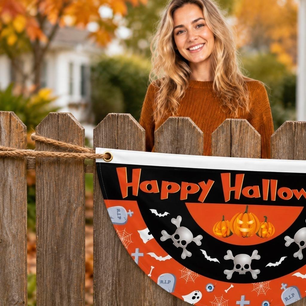 Halloween Pumpkin Half Circle Fan Shaped Banner Outdoor Yard Hanging Decoration Garden Fence Party Setup 45cmx90cm Durable Material