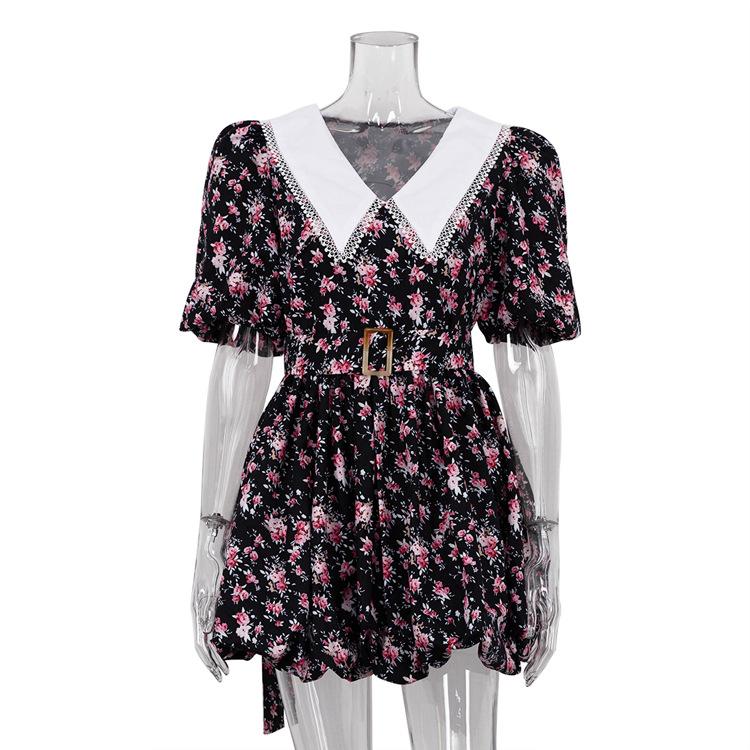 women's Ditsy Floral Print Contrast Collar Puff Sleeve High Waist A Line Mini Dress Elegant Party Dress