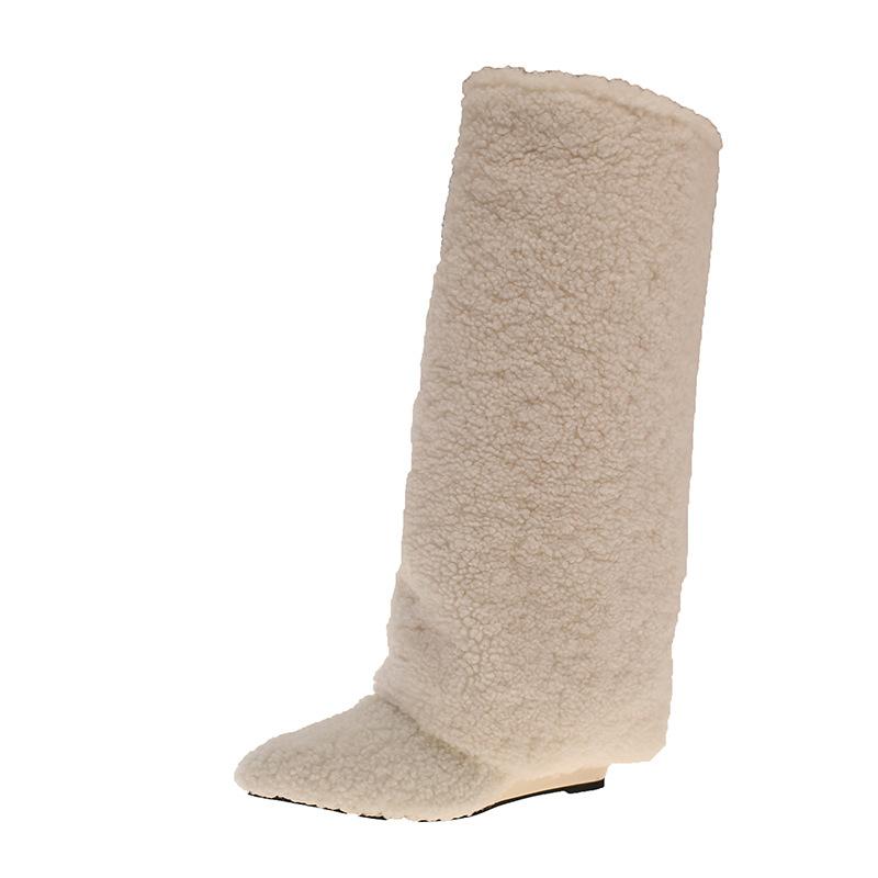 New Boots, Fluffy Boots, High Boots, Fashionable Trouser Tube Boots, Fashionable Wedge Heel, Pointed But Knee Boots