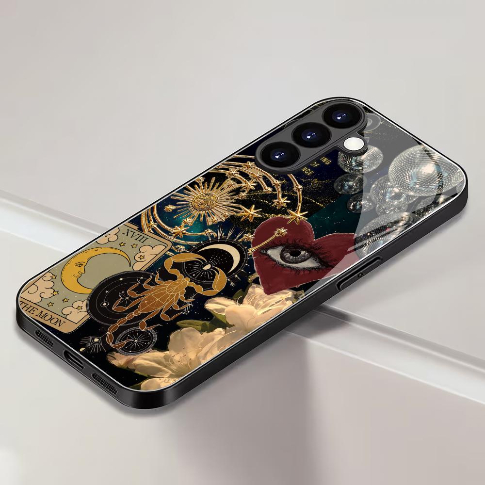 Retro collage tempered glass phone case suitable for Samsung GalaxyS26 S25 S24 S23 S22 S21 S20FE/Ultra/Plus anti drop back cover