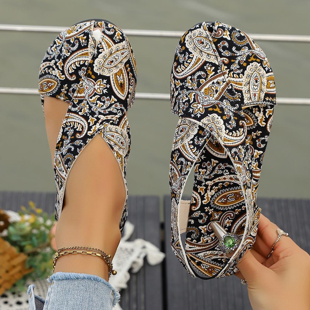 Fashion 2025 Summer New Flat Printed Toe Ring Roman Style Slides Women Cross-border Plus Size Ethnic Sandals Style Cool Slippers Women