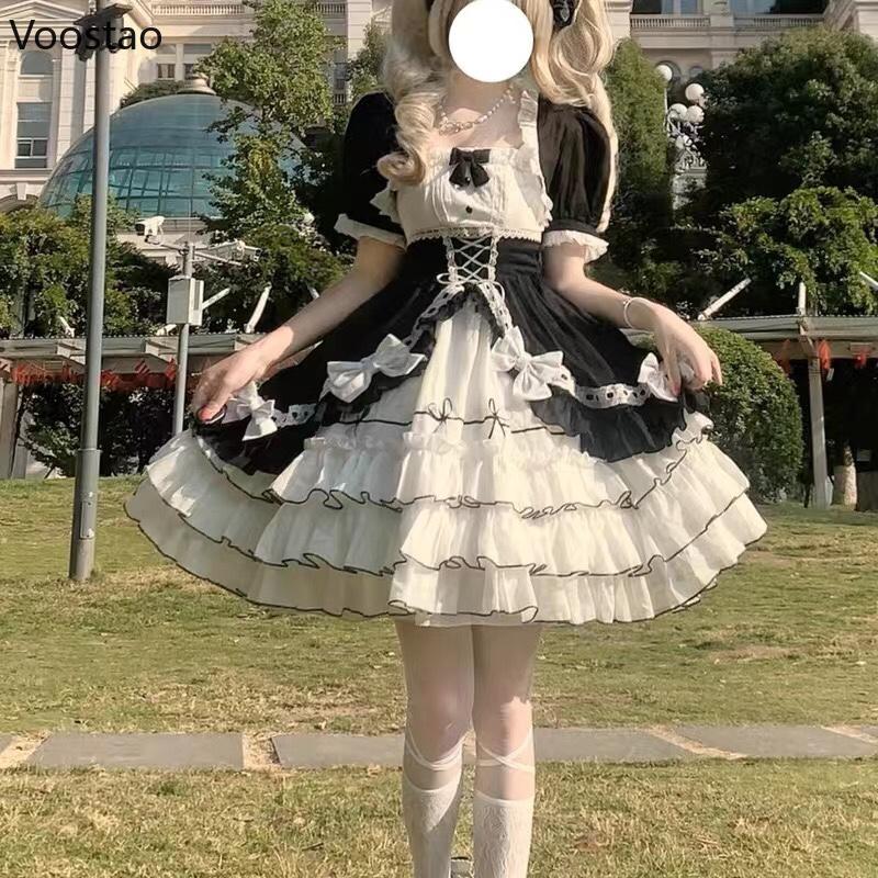 Robe Lolita Vintage Victorienne pour Femmes Gothique Manches Courtes Bouffantes Volants Laminés Mini Robes Nœud Volants Robes de Princesse XS（old）