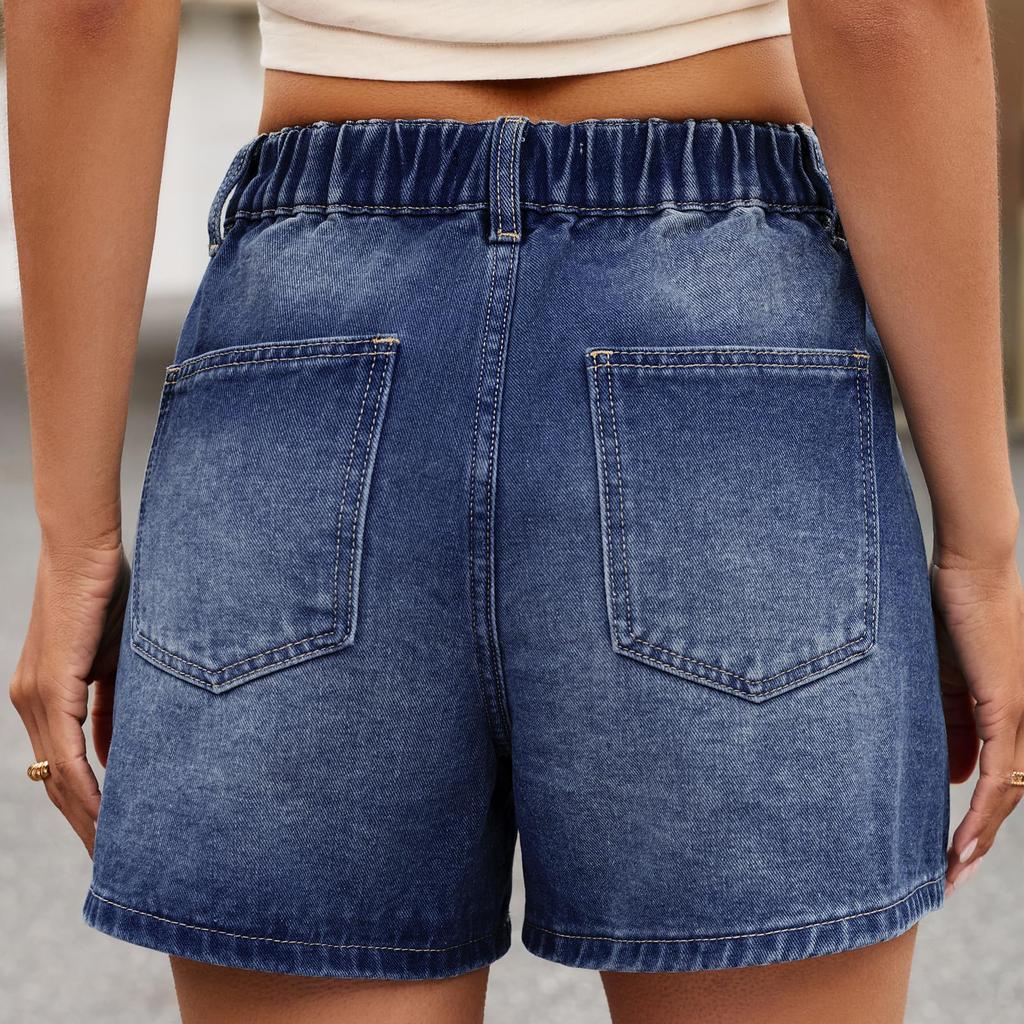 High Waist Denim Shorts for Women Relaxed Fit Elastic Waistband Button Closure Casual Summer Shorts with Pockets