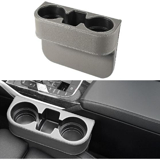 Car Cup Holder Expander & Seat Gap Filler - PU Leather Cover with Stitching, Multifunctional Front Seat Organizer, for Car Truck Van, Holds Large