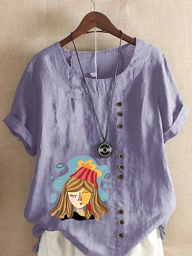 Women's Fashion Abstract Girl Print Round Neck Short Sleeve T-shirt Summer Casual Cotton Linen Graphic Shirt Leisure Loose Blouse Tops