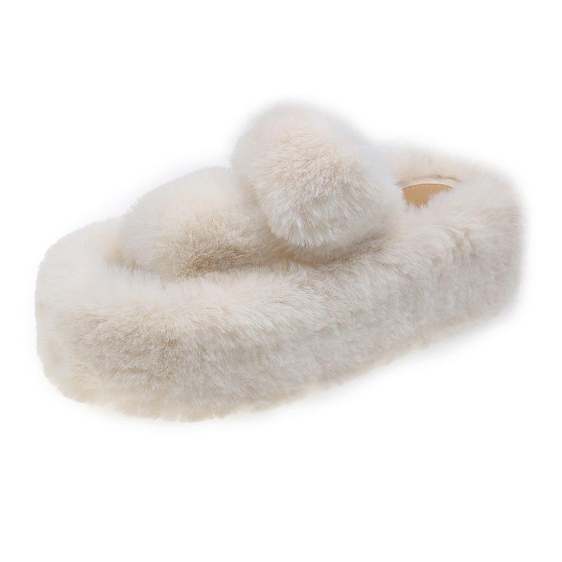 Thick bottom heightening one-word fluffy slippers women's outer wear ins home explosion non-slip versatile autumn and winter cotton slippers