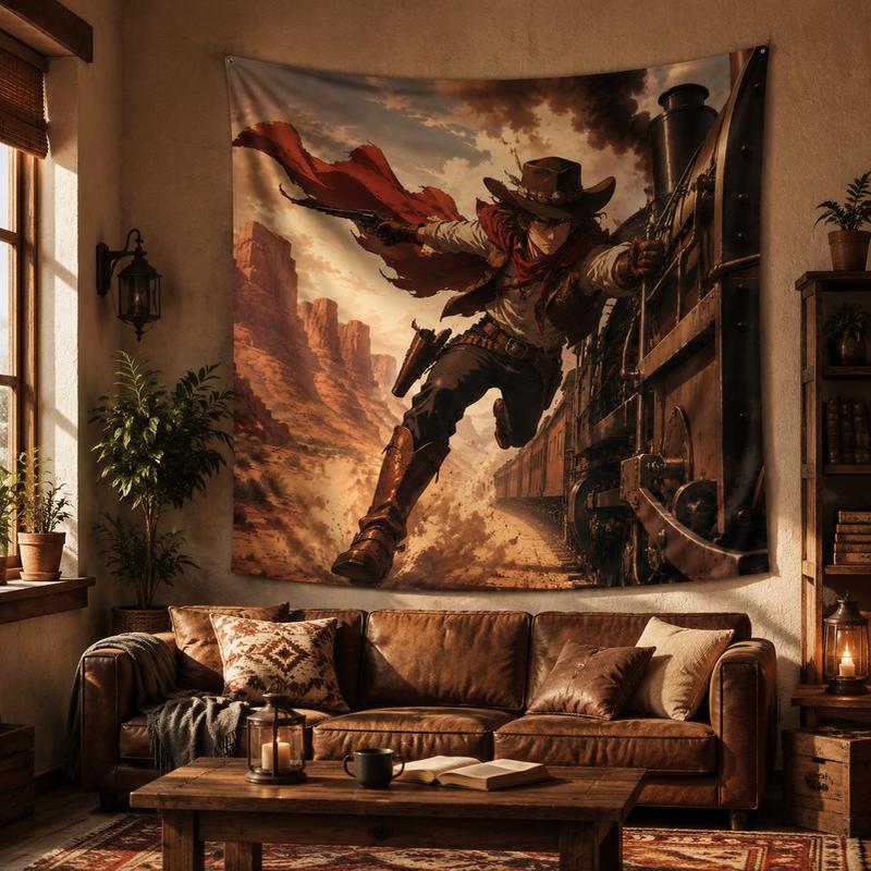 VIKAMA Western Wilderness Train Cowboy Tapestry Vintage Anime Style Canyon Train Printing Hanging Cloth Anime Room Decoration