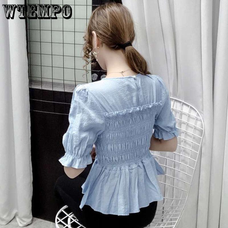 WTEMPO Chemises en mousseline de soie unie pour femmes, coupe ajustée, manches courtes bouffantes, polyvalentes, style streetwear, été